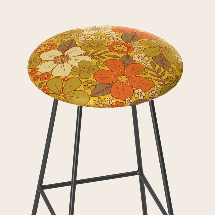 Retro 60s/70s Orange & Olive Green Floral Stool Gallery Image 2