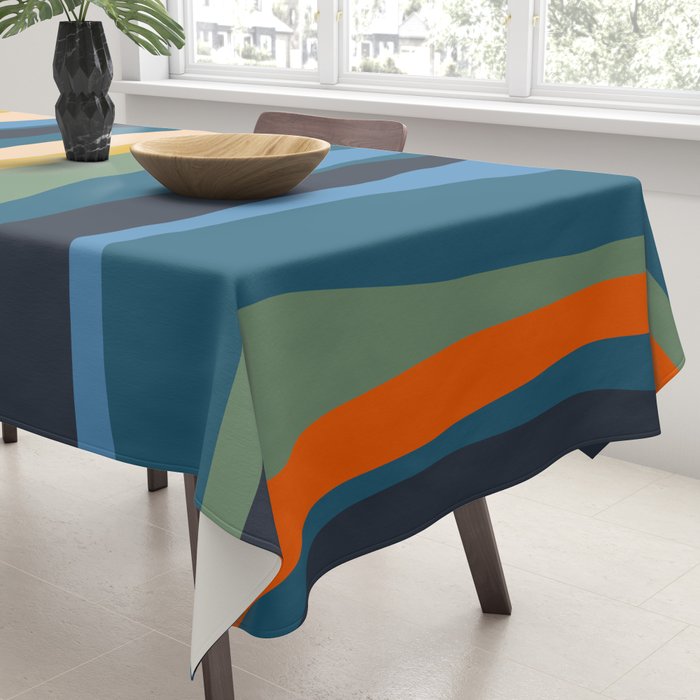 Wild Stripes Modern Abstract Pattern Blue Mustard Green Orange  Tablecloth Gallery Image 3