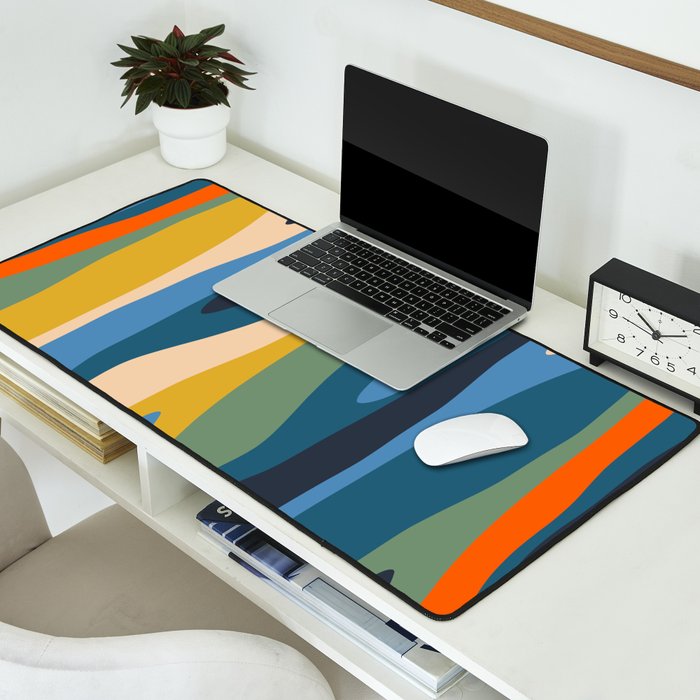 Wild Stripes Modern Abstract Pattern Blue Mustard Green Orange  Desk Mat Gallery Image 2