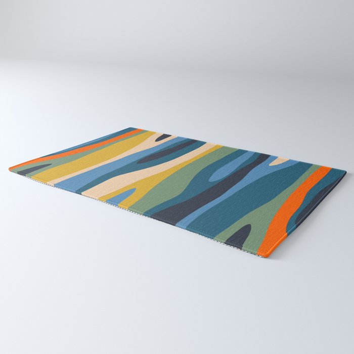 Wild Stripes Modern Abstract Pattern Blue Mustard Green Orange  Rug Gallery Image 3