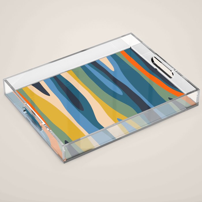 Wild Stripes Modern Abstract Pattern Blue Mustard Green Orange  Acrylic Tray Gallery Image 1