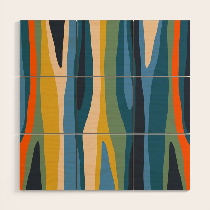 Wild Stripes Modern Abstract Pattern Blue Mustard Green Orange  Wood Wall Art Gallery Image 1