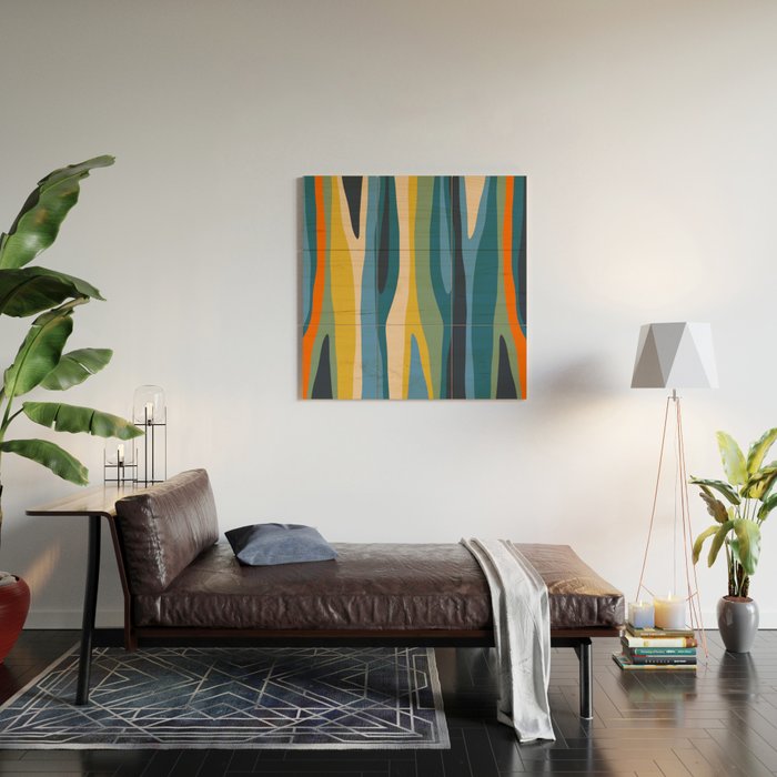 Wild Stripes Modern Abstract Pattern Blue Mustard Green Orange  Wood Wall Art Gallery Image 2