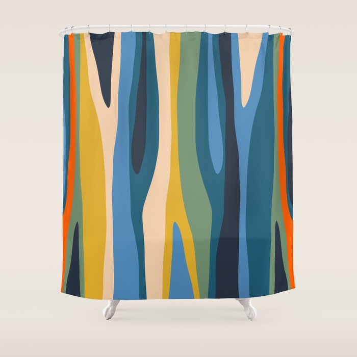 Wild Stripes Modern Abstract Pattern Blue Mustard Green Orange  Shower Curtain Gallery Image 1