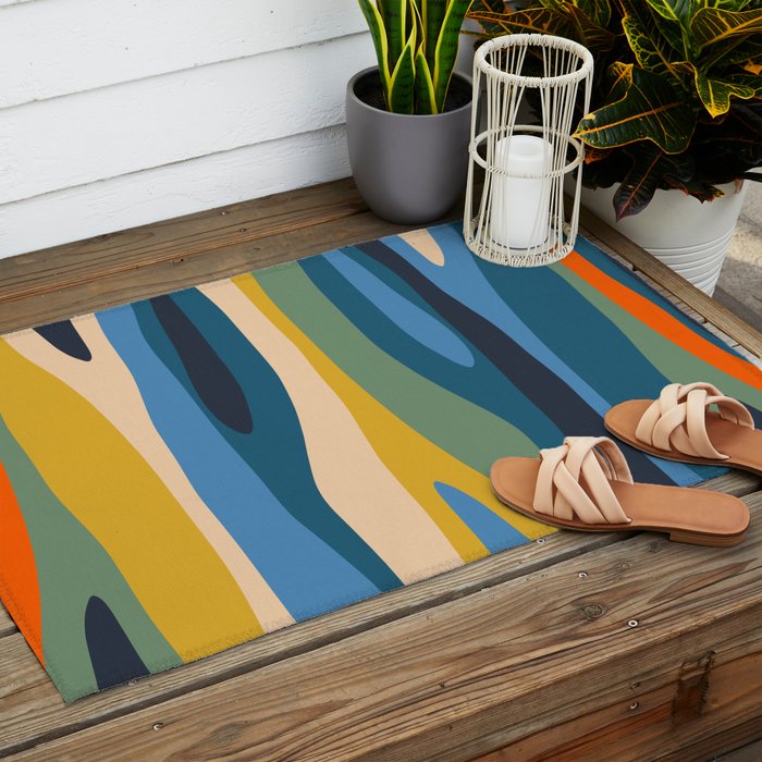 Wild Stripes Modern Abstract Pattern Blue Mustard Green Orange  Outdoor Rug Gallery Image 2