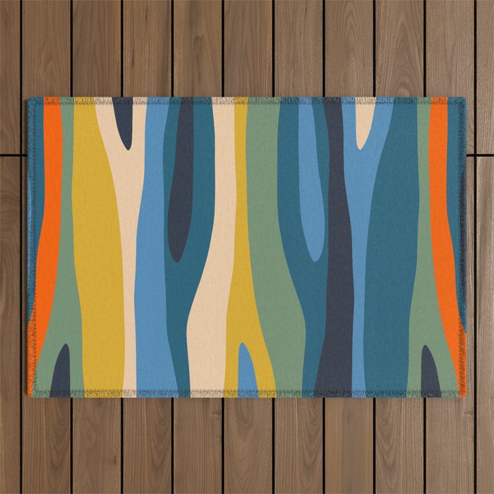 Wild Stripes Modern Abstract Pattern Blue Mustard Green Orange  Outdoor Rug Gallery Image 1