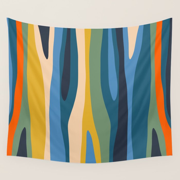 Wild Stripes Modern Abstract Pattern Blue Mustard Green Orange  Wall Tapestry Gallery Image 1