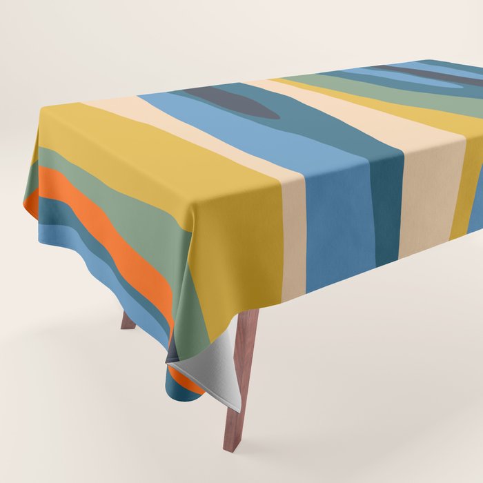 Wild Stripes Modern Abstract Pattern Blue Mustard Green Orange  Tablecloth Gallery Image 1