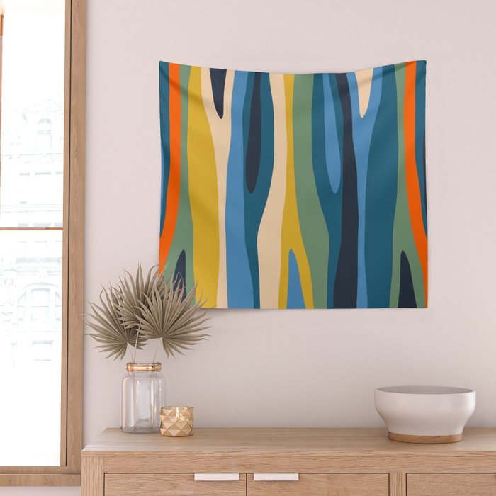 Wild Stripes Modern Abstract Pattern Blue Mustard Green Orange  Wall Tapestry Gallery Image 2