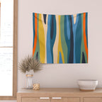 Wild Stripes Modern Abstract Pattern Blue Mustard Green Orange  Wall Tapestry Gallery Image 2
