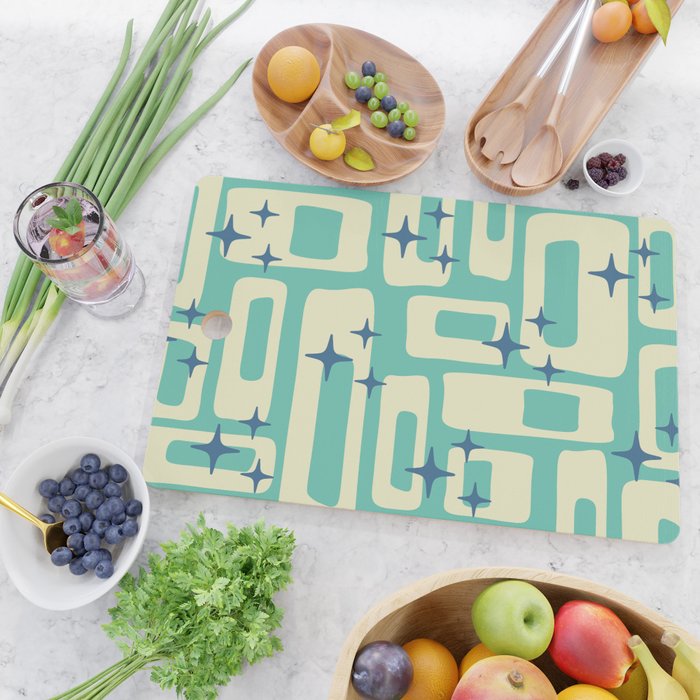 Retro Mid Century Modern Abstract Pattern 576 Turquoise Blue Cutting Board Gallery Image 2