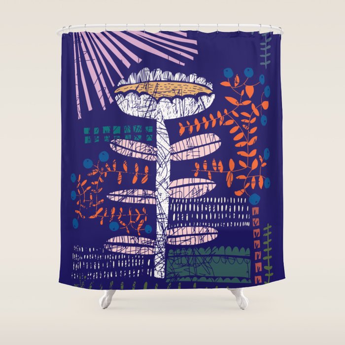 Block print bold flower blue Shower Curtain Gallery Image 1