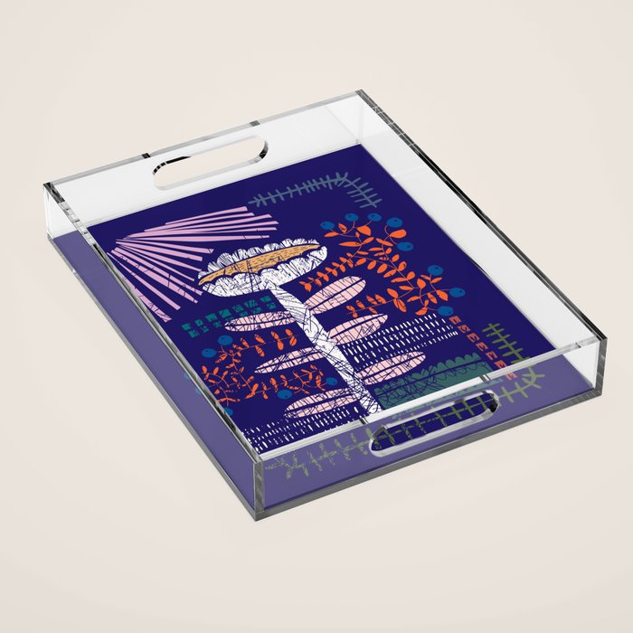 Block print bold flower blue Acrylic Tray Gallery Image 1