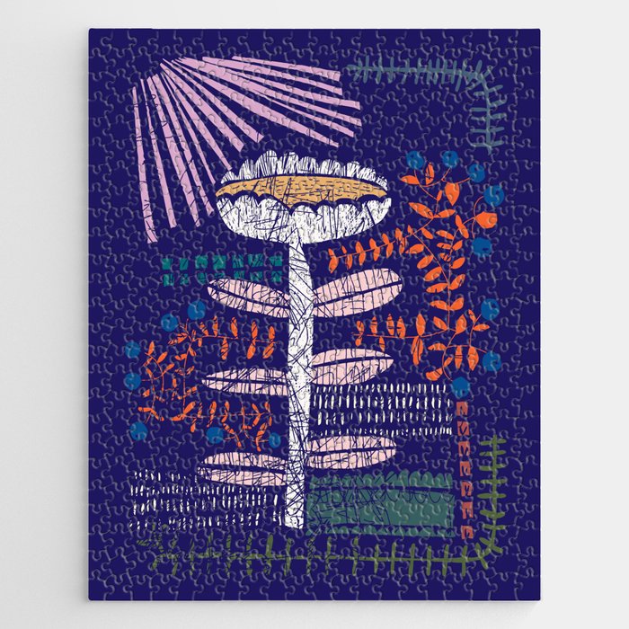 Block print bold flower blue Jigsaw Puzzle Gallery Image 1