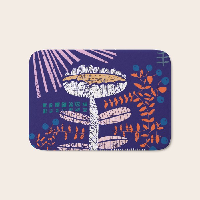 Block print bold flower blue Bath Mat Gallery Image 1