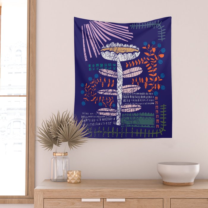 Block print bold flower blue Wall Tapestry Gallery Image 2