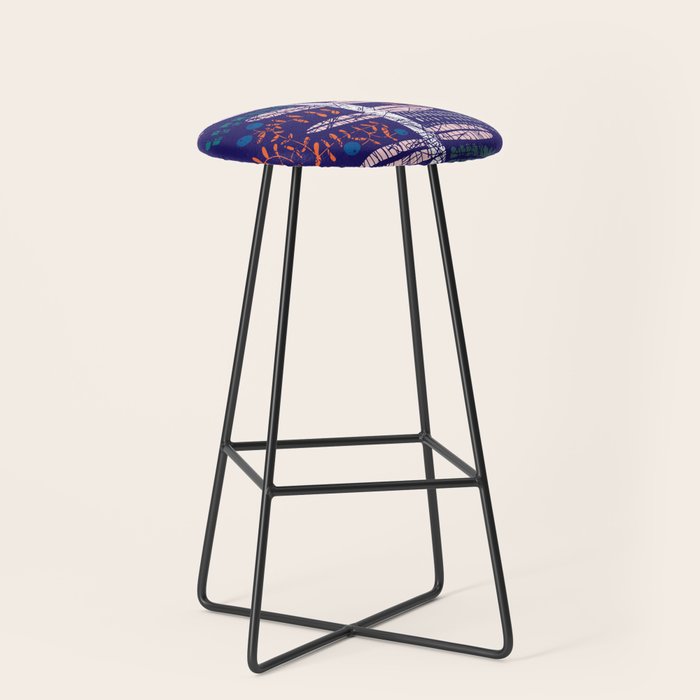 Block print bold flower blue Stool Gallery Image 1