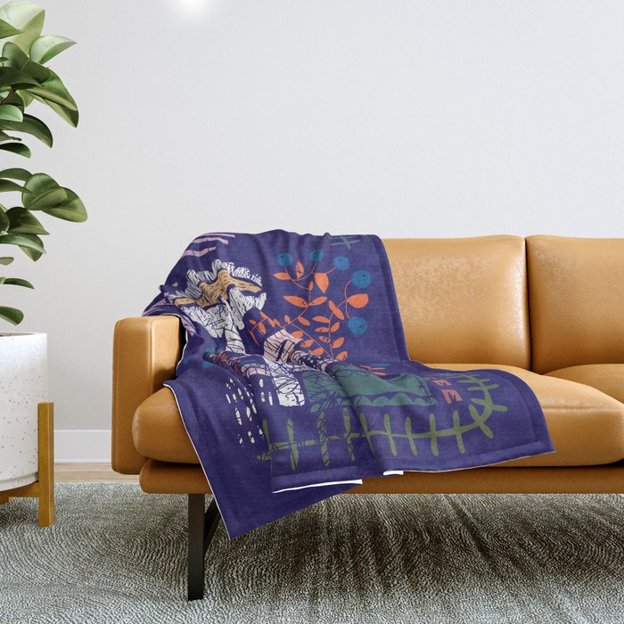 Block print bold flower blue Throw Blanket Gallery Image 1