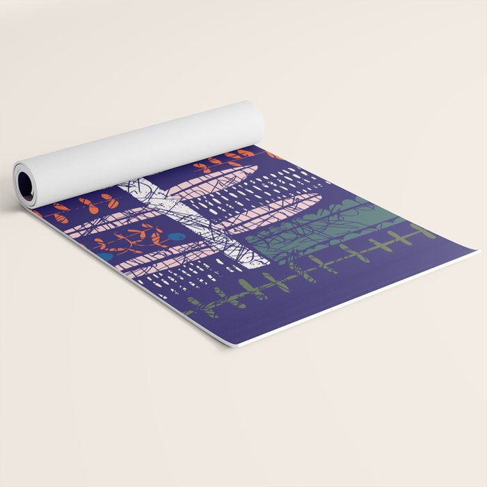Block print bold flower blue Yoga Mat Gallery Image 2