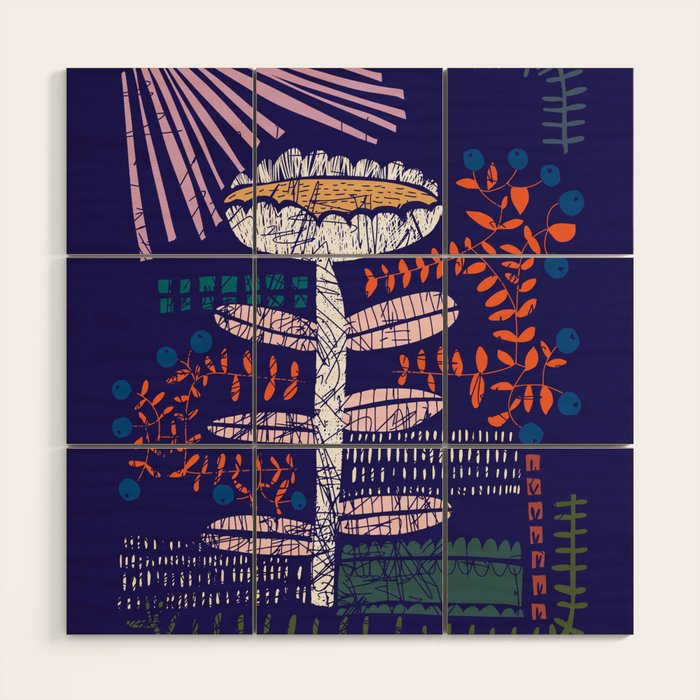 Block print bold flower blue Wood Wall Art Gallery Image 1