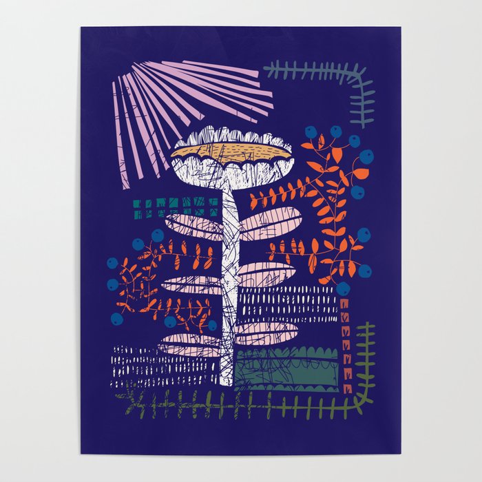 Block print bold flower blue Poster Gallery Image 1