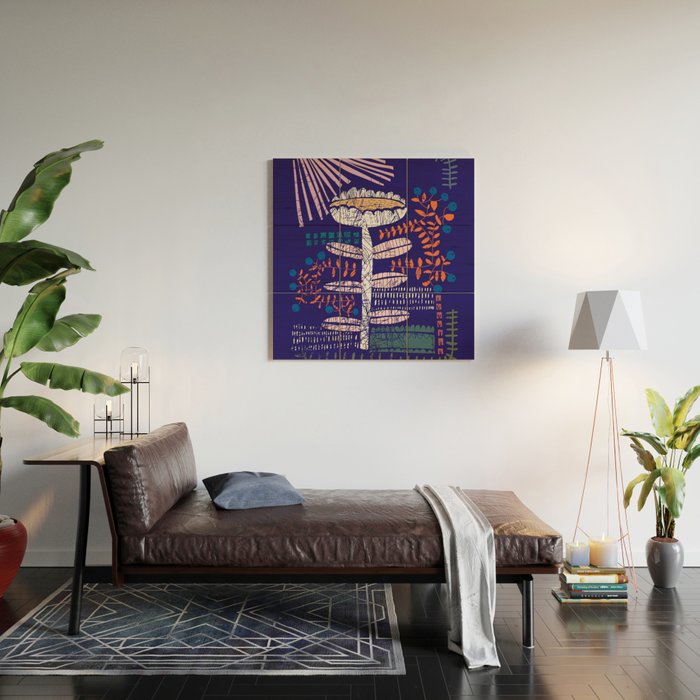 Block print bold flower blue Wood Wall Art Gallery Image 2
