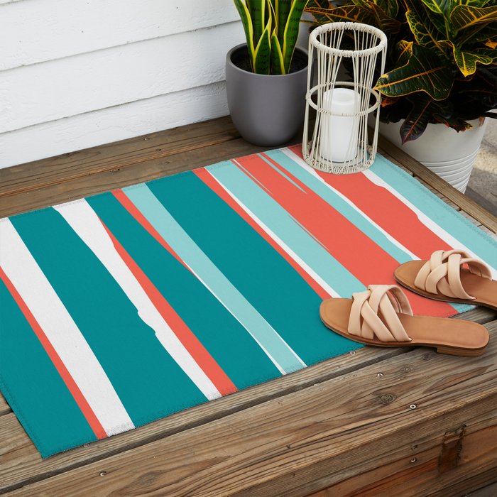 Colorful Stripes, Coral, Teal and Aqua Outdoor Rug Gallery Image 2