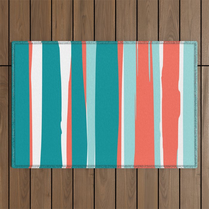 Colorful Stripes, Coral, Teal and Aqua Outdoor Rug Gallery Image 1