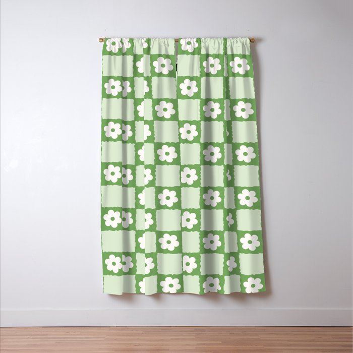 Retro Flower Checker in Forest Green Window Curtain Gallery Image 3