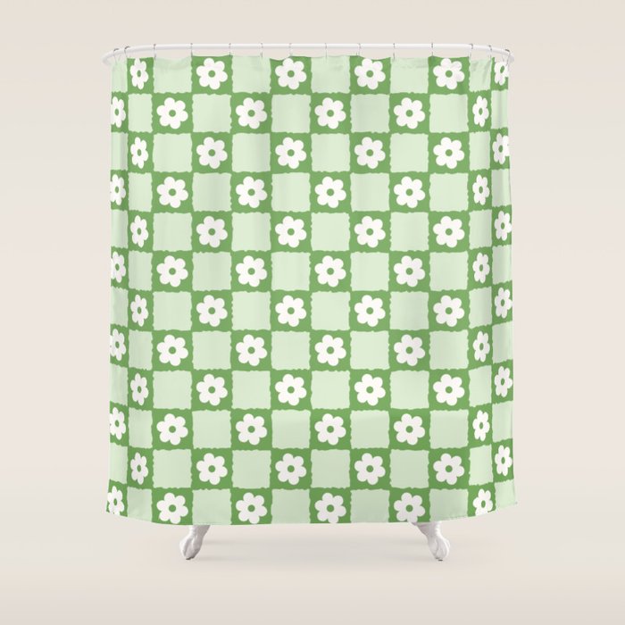 Retro Flower Checker in Forest Green Shower Curtain Gallery Image 1