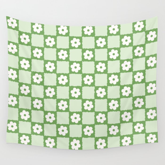 Retro Flower Checker in Forest Green Wall Tapestry Gallery Image 4