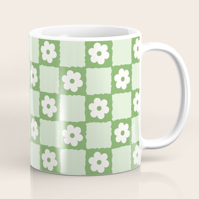 Retro Flower Checker in Forest Green Coffee Mug Gallery Image 1