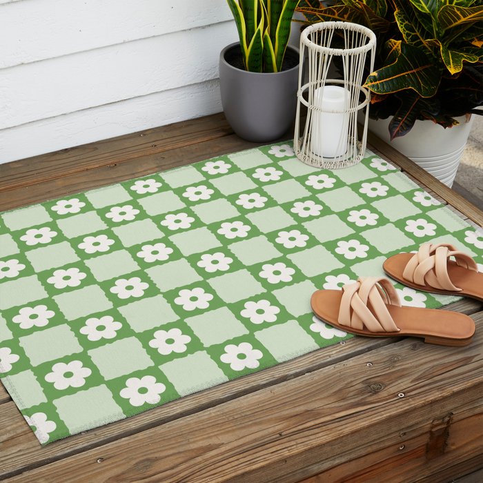 Retro Flower Checker in Forest Green Outdoor Rug Gallery Image 2