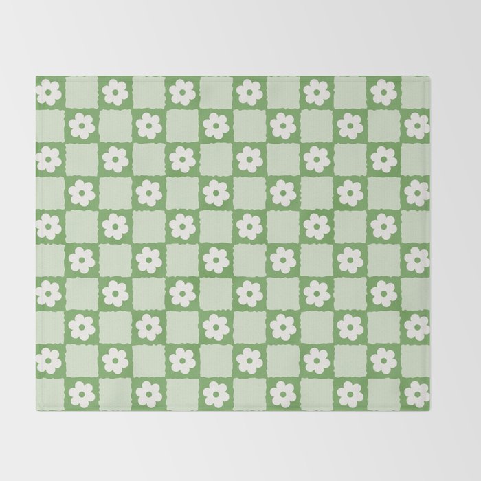 Retro Flower Checker in Forest Green Throw Blanket Gallery Image 2