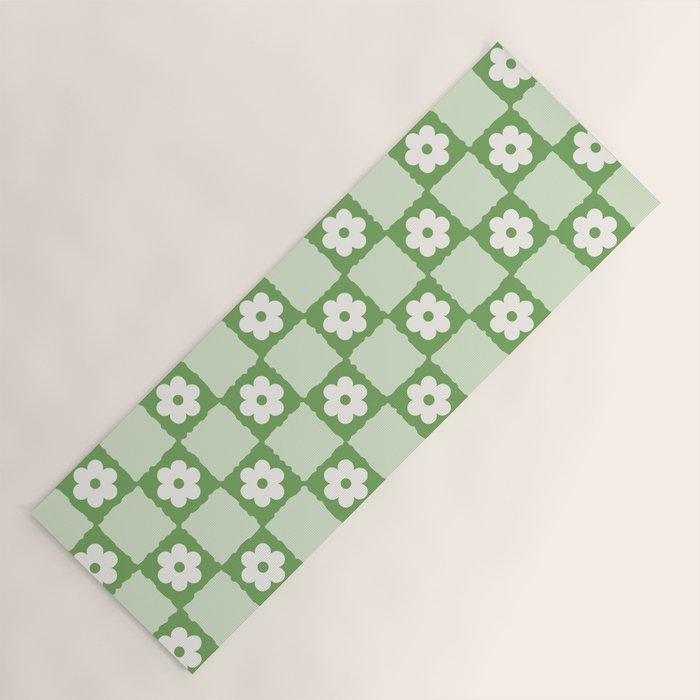 Retro Flower Checker in Forest Green Yoga Mat Gallery Image 1