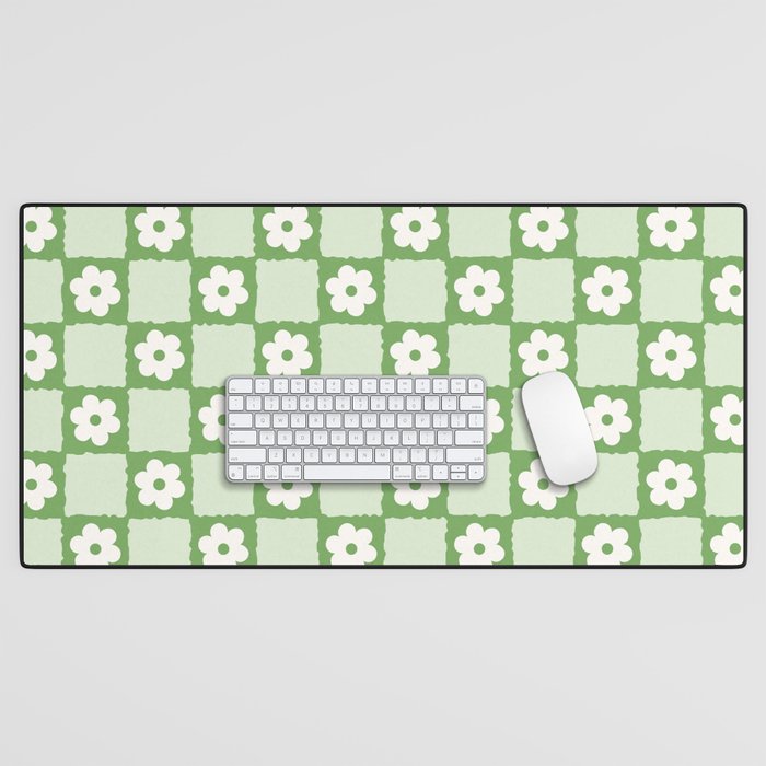 Retro Flower Checker in Forest Green Desk Mat Gallery Image 1