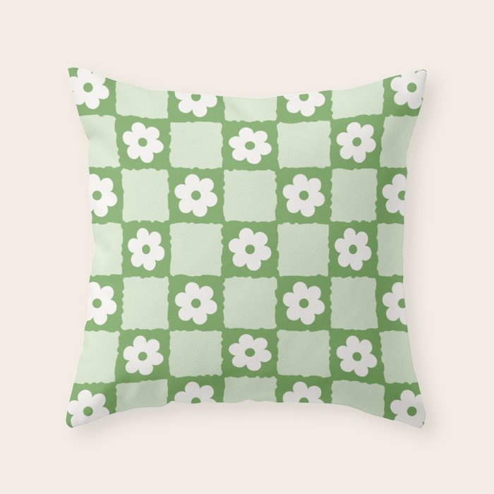 Retro Flower Checker in Forest Green Throw Pillow Gallery Image 6
