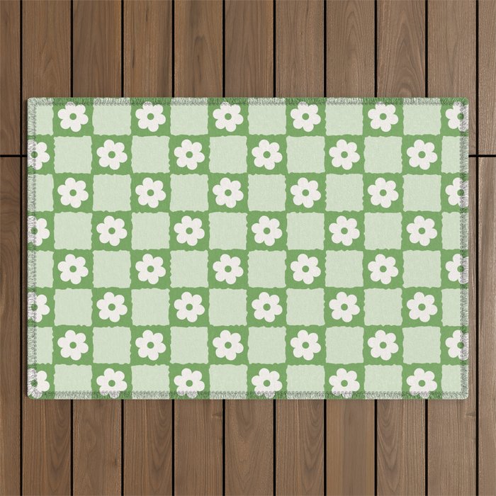 Retro Flower Checker in Forest Green Outdoor Rug Gallery Image 1