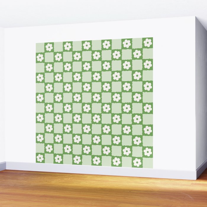 Retro Flower Checker in Forest Green Wall Mural Gallery Image 2