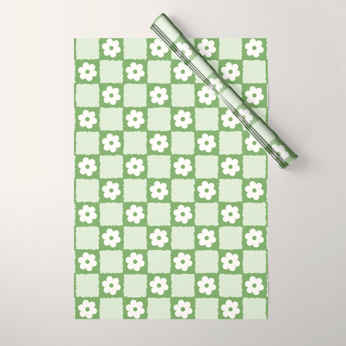 Retro Flower Checker in Forest Green Wrapping Paper Gallery Image 1