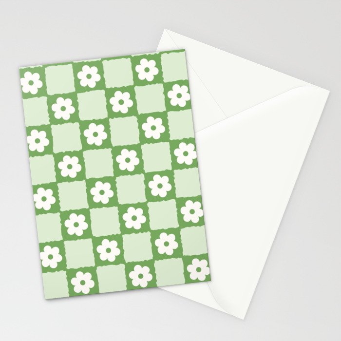 Retro Flower Checker in Forest Green Stationery Card Gallery Image 2