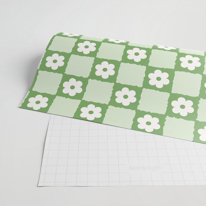 Retro Flower Checker in Forest Green Wrapping Paper Gallery Image 2