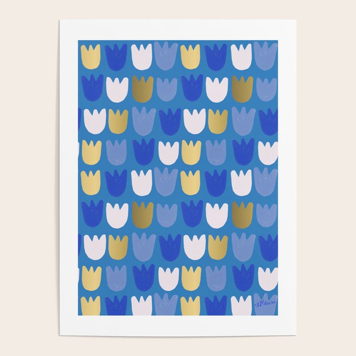 Rows of Tulips in Bloom in Navy Blue & Gold Metallic Poster Gallery Image 1
