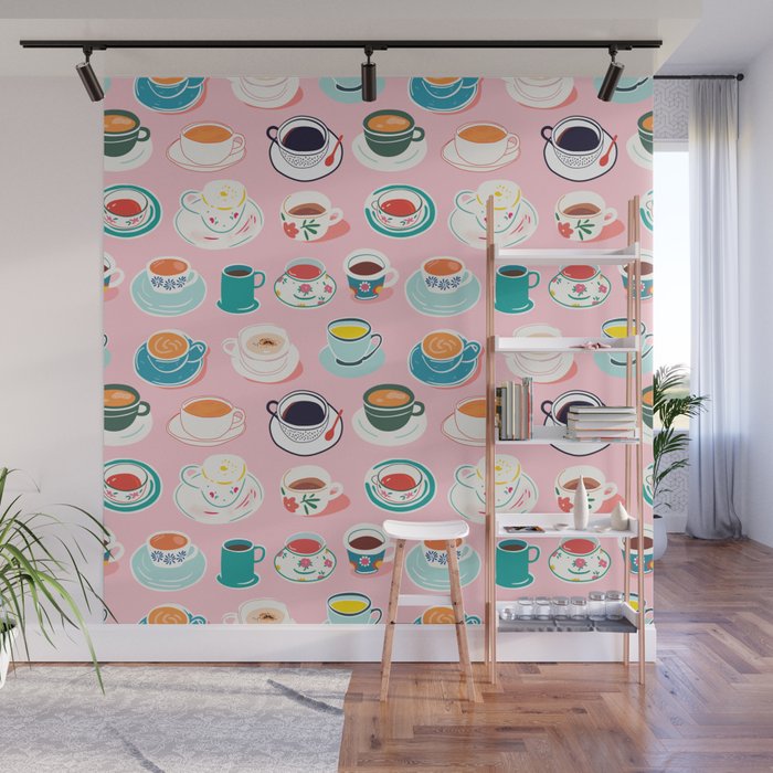 Retro hand drawn coffee tea cup pattern Wall Mural Gallery Image 1