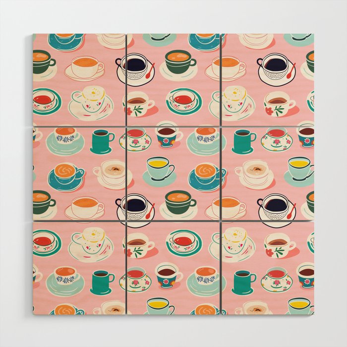 Retro hand drawn coffee tea cup pattern Wood Wall Art Gallery Image 1