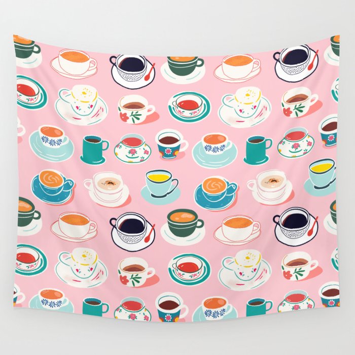 Retro hand drawn coffee tea cup pattern Wall Tapestry Gallery Image 1