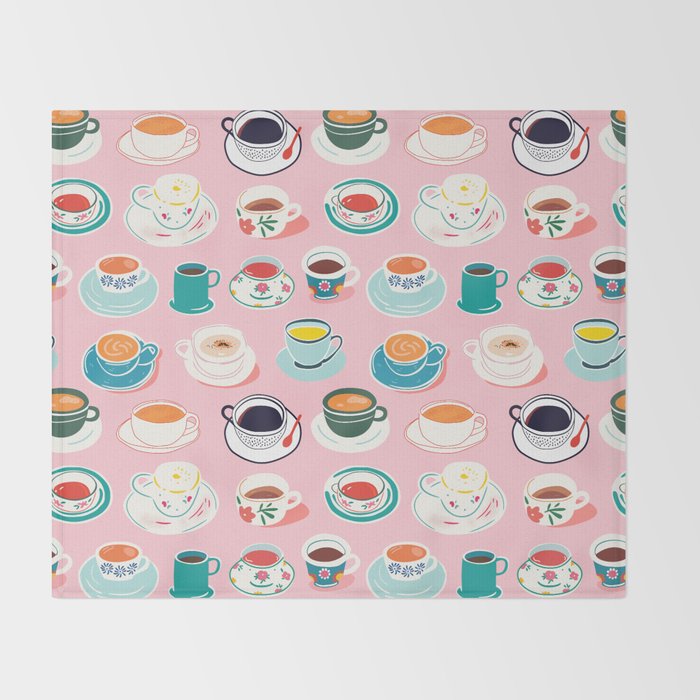 Retro hand drawn coffee tea cup pattern Throw Blanket Gallery Image 2