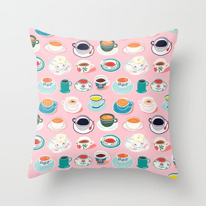 Retro hand drawn coffee tea cup pattern Throw Pillow Gallery Image 1