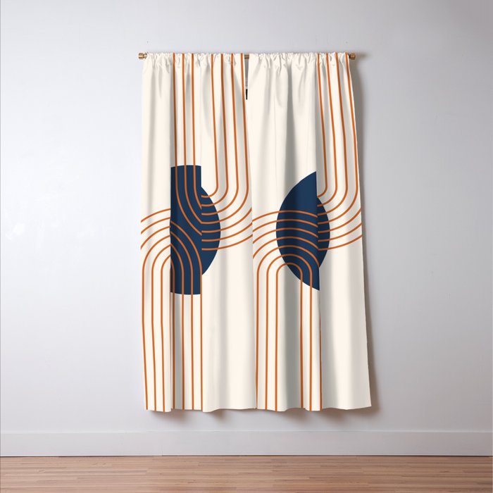 Mid Century Modern Geometric 162 Sun Rainbow abstract in Navy Blue Orange Window Curtain Gallery Image 3