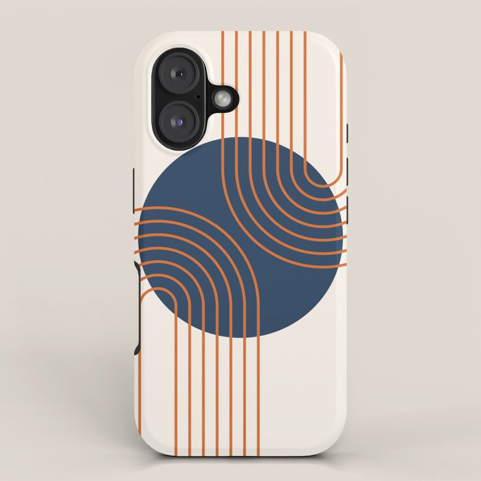 Mid Century Modern Geometric 162 Sun Rainbow abstract in Navy Blue Orange iPhone Case Gallery Image 1